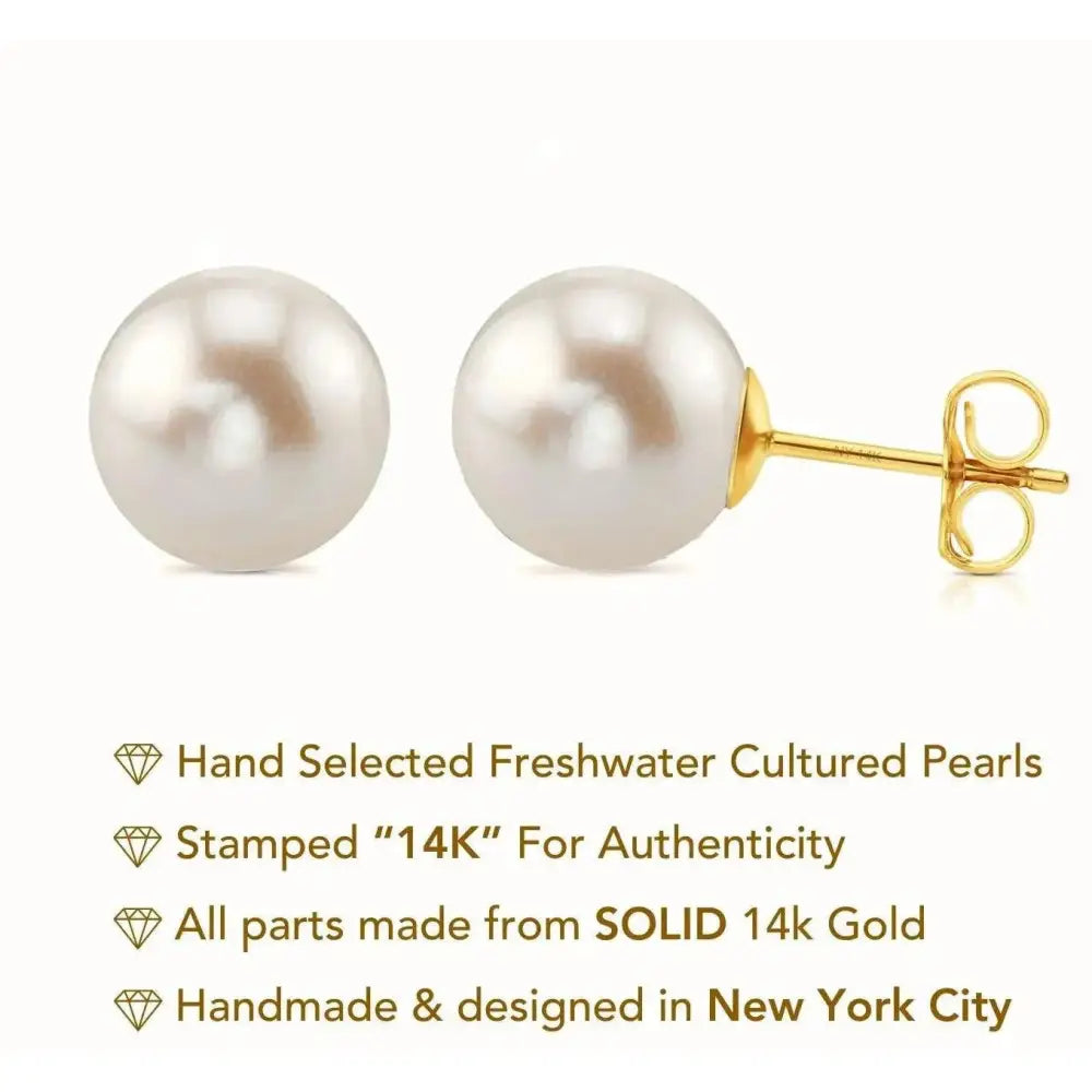 Lustrous 14K Gold Round White Freshwater Pearl Bridal Stud Earrings - Classic Gift for Her in 5mm, 6mm, 6.5mm, & 7mm