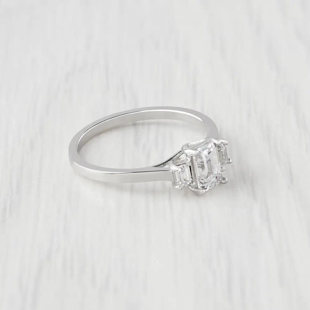 Man Made Diamond Emerald Cut 3 Stone Trilogy Ring Ring Available in Sterling Silver or White Gold Filled - Engagement Ring