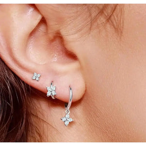 Minimalist 925 Sterling Silver Tiny Flower Huggie Hoop Earrings.