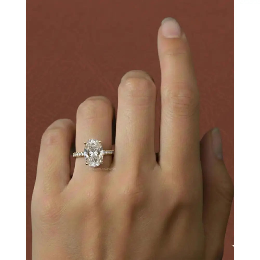 Oval Cut Engagement Ring, Lab Grown Diamond Solitaire Accent Ring, 14K Yellow Gold Bridal Ring, Propose Ring for Love, 3 Carat Oval Ring