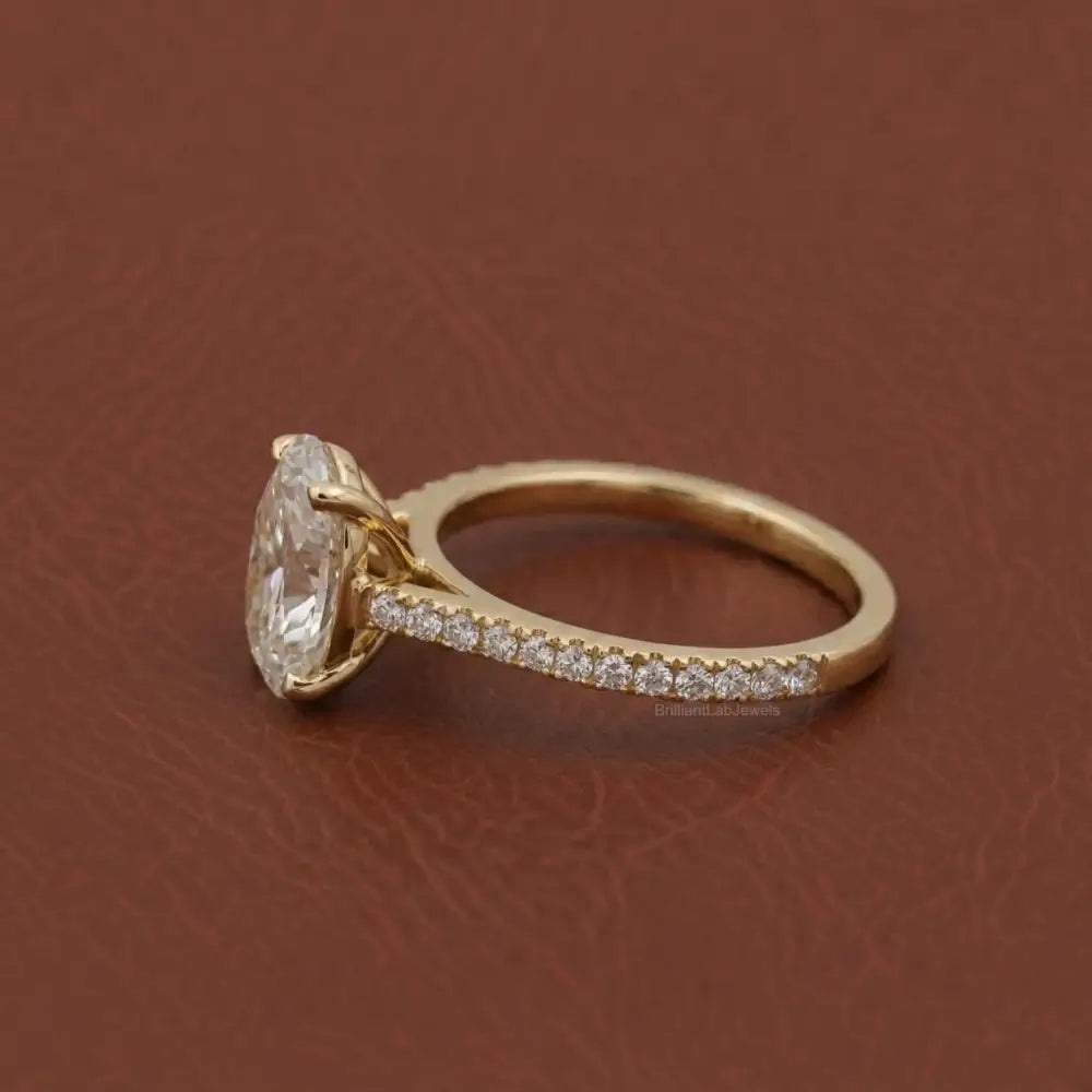 Oval Cut Engagement Ring, Lab Grown Diamond Solitaire Accent Ring, 14K Yellow Gold Bridal Ring, Propose Ring for Love, 3 Carat Oval Ring