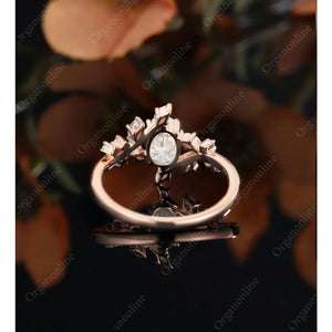 Oval Moissanite Engagement Ring Vintage Unique Marquise Cut Diamond Cluster Ring Rose Gold Engagement Ring Leaf Ring Bridal Ring Anniversary