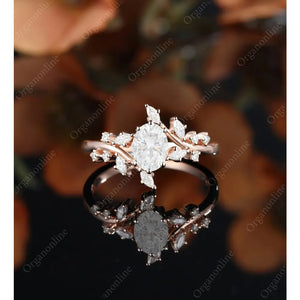 Oval Moissanite Engagement Ring Vintage Unique Marquise Cut Diamond Cluster Ring Rose Gold Engagement Ring Leaf Ring Bridal Ring Anniversary