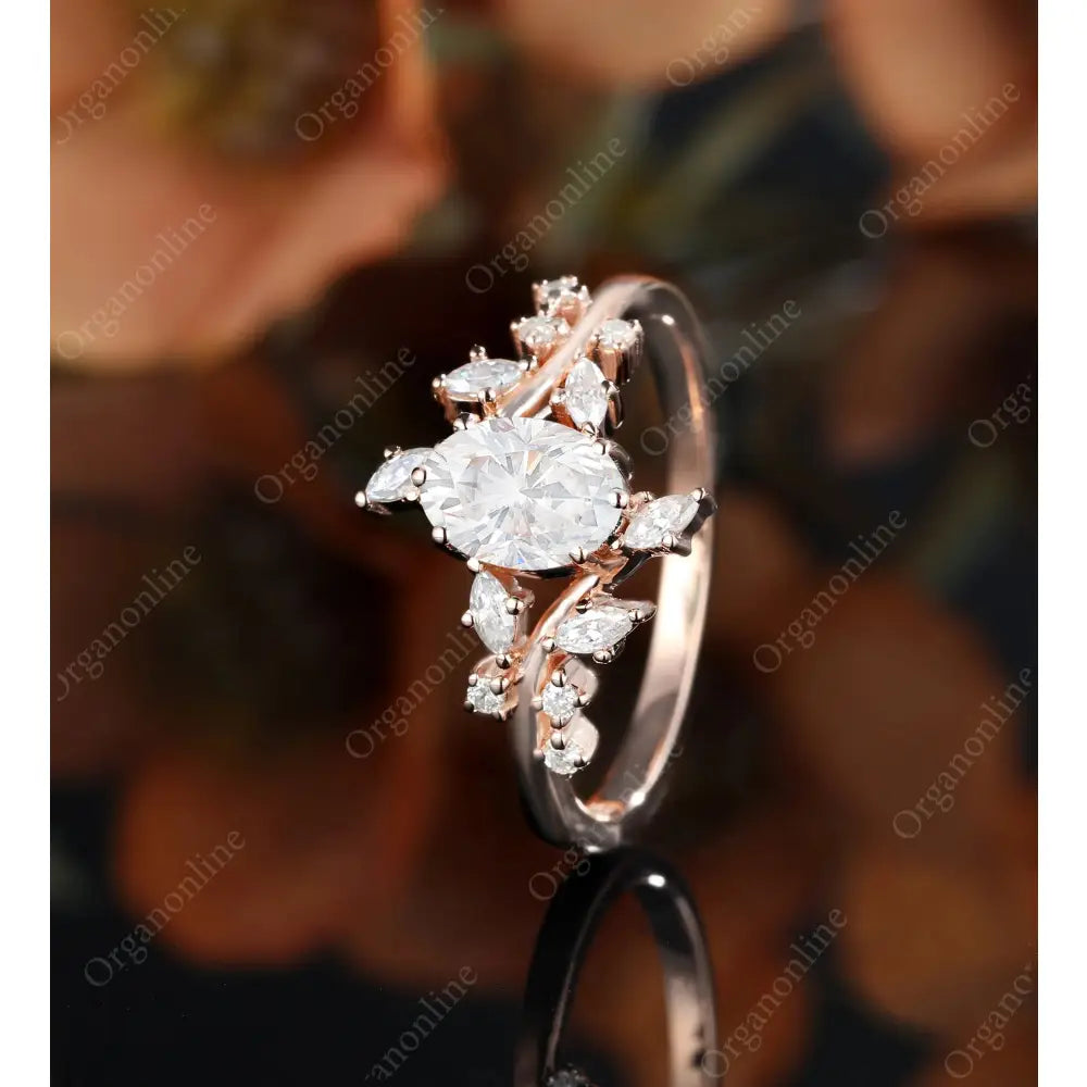 Oval Moissanite Engagement Ring Vintage Unique Marquise Cut Diamond Cluster Ring Rose Gold Engagement Ring Leaf Ring Bridal Ring Anniversary