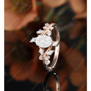 Oval Moissanite Engagement Ring Vintage Unique Marquise Cut Diamond Cluster Ring Rose Gold Engagement Ring Leaf Ring Bridal Ring Anniversary