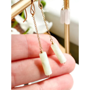 Pale Green Jade Dangle Chain Earrings, Sterling Silver 14K Gold Rose Gold Filled, Dainty Jade Column Tube Gemstone Chain Drop Hook Earrings