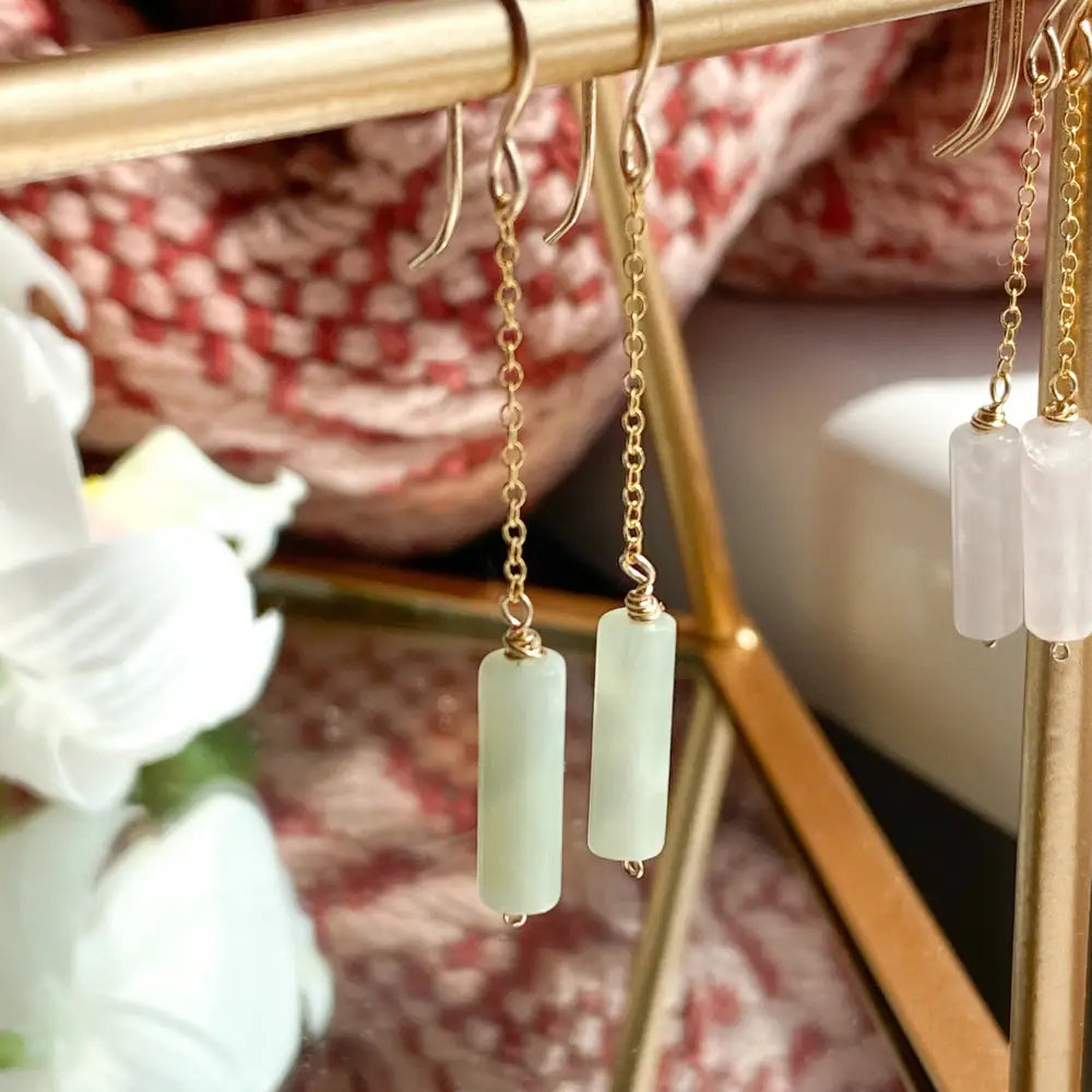 Pale Green Jade Dangle Chain Earrings, Sterling Silver 14K Gold Rose Gold Filled, Dainty Jade Column Tube Gemstone Chain Drop Hook Earrings