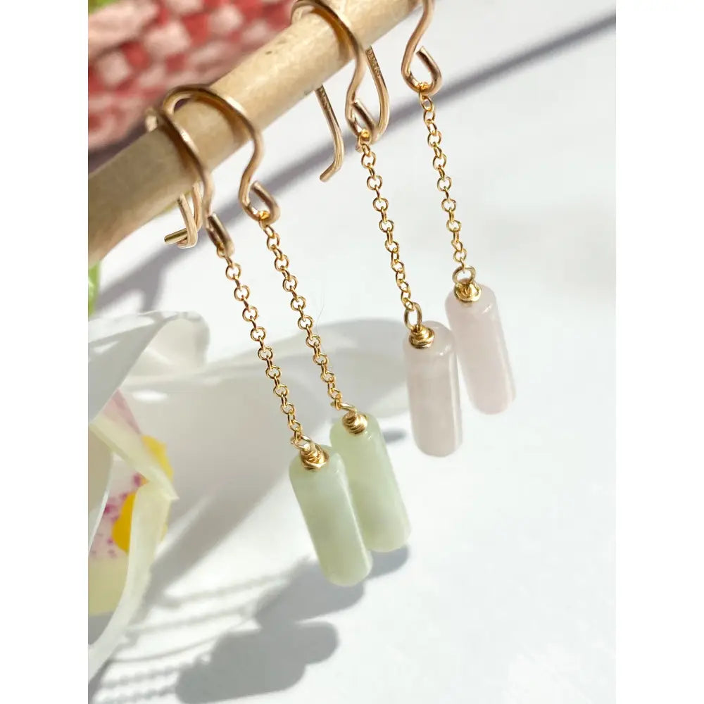 Pale Green Jade Dangle Chain Earrings, Sterling Silver 14K Gold Rose Gold Filled, Dainty Jade Column Tube Gemstone Chain Drop Hook Earrings