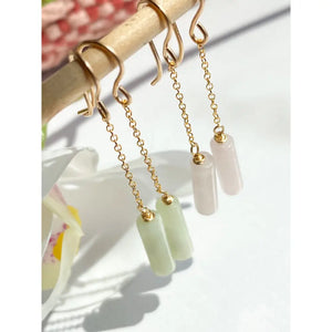 Pale Green Jade Dangle Chain Earrings, Sterling Silver 14K Gold Rose Gold Filled, Dainty Jade Column Tube Gemstone Chain Drop Hook Earrings