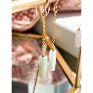 Pale Green Jade Dangle Chain Earrings, Sterling Silver 14K Gold Rose Gold Filled, Dainty Jade Column Tube Gemstone Chain Drop Hook Earrings