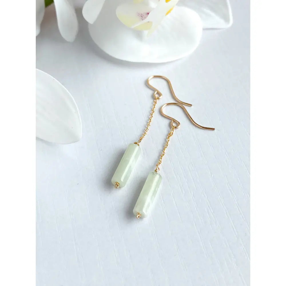 Pale Green Jade Dangle Chain Earrings, Sterling Silver 14K Gold Rose Gold Filled, Dainty Jade Column Tube Gemstone Chain Drop Hook Earrings