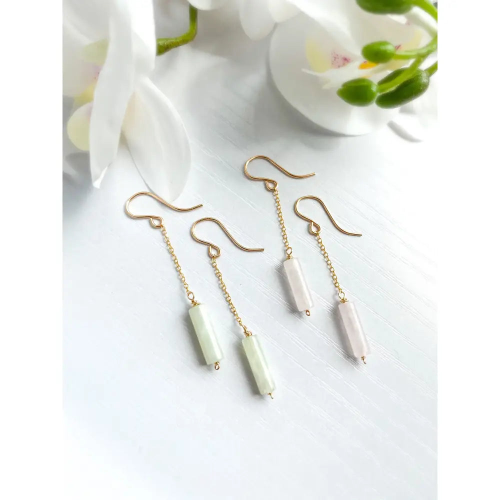 Pale Green Jade Dangle Chain Earrings, Sterling Silver 14K Gold Rose Gold Filled, Dainty Jade Column Tube Gemstone Chain Drop Hook Earrings