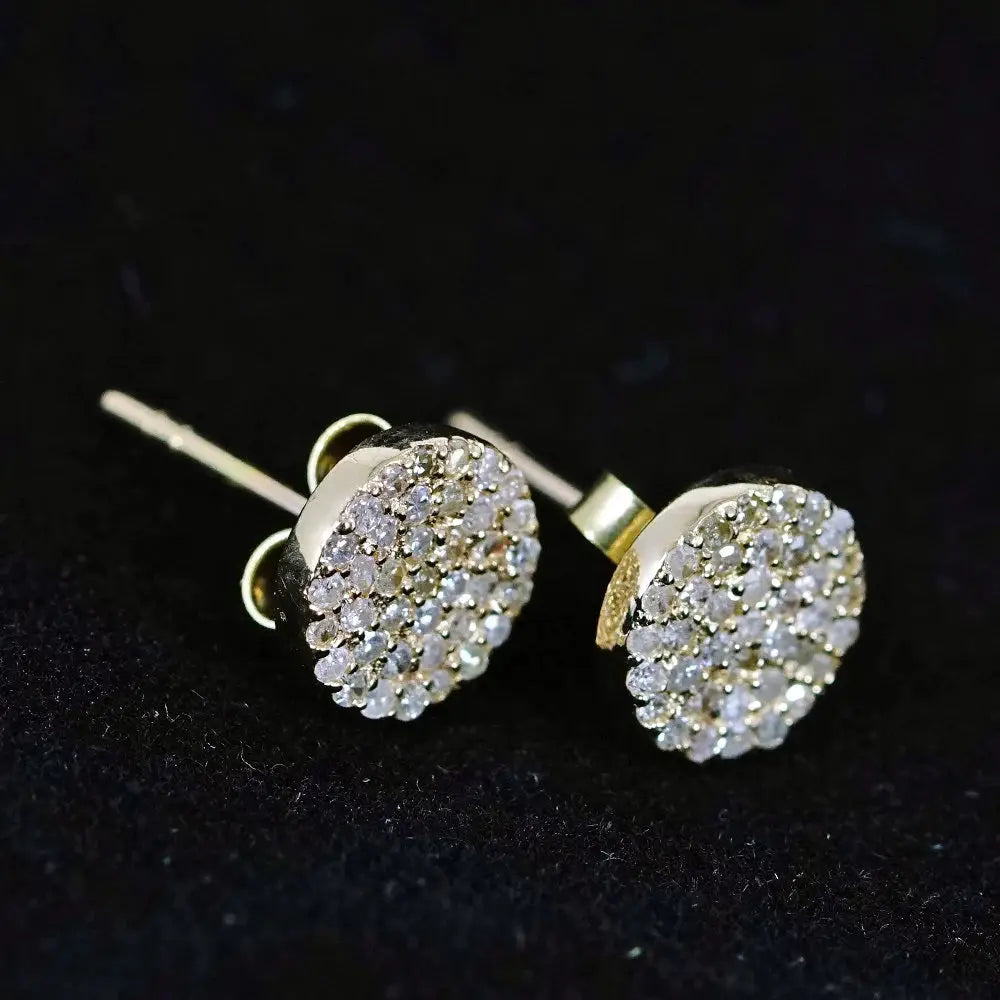 Pave Diamond 8MM Disc round Stud Earrings Solid 14K Yellow Gold Fine Jewelry Gift for Her Minimalist Earrings Pushback Jewelry New