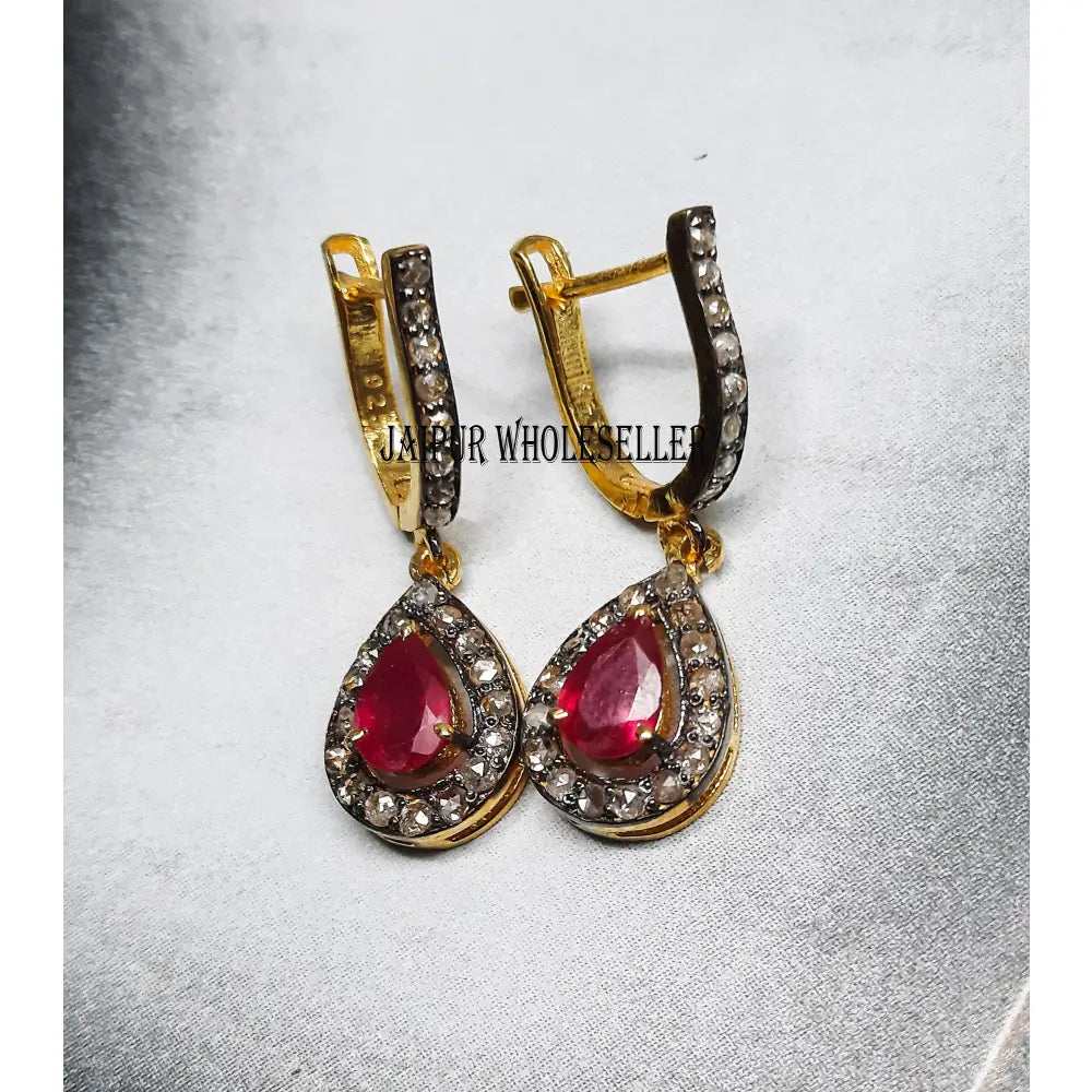 Pear Ruby Diamond Pave Sterling Silver Stud Earrings