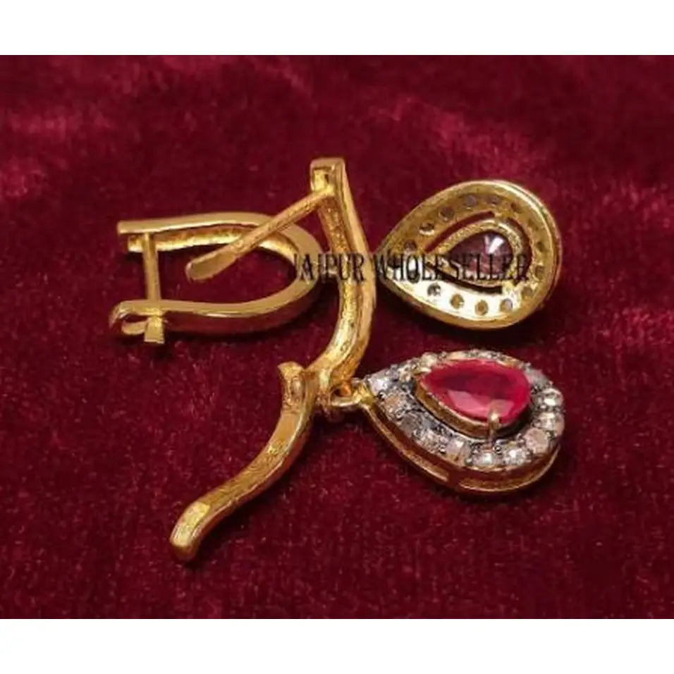 Pear Ruby Diamond Pave Sterling Silver Stud Earrings