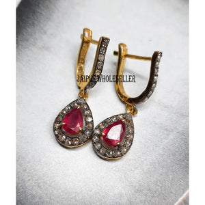 Pear Ruby Diamond Pave Sterling Silver Stud Earrings