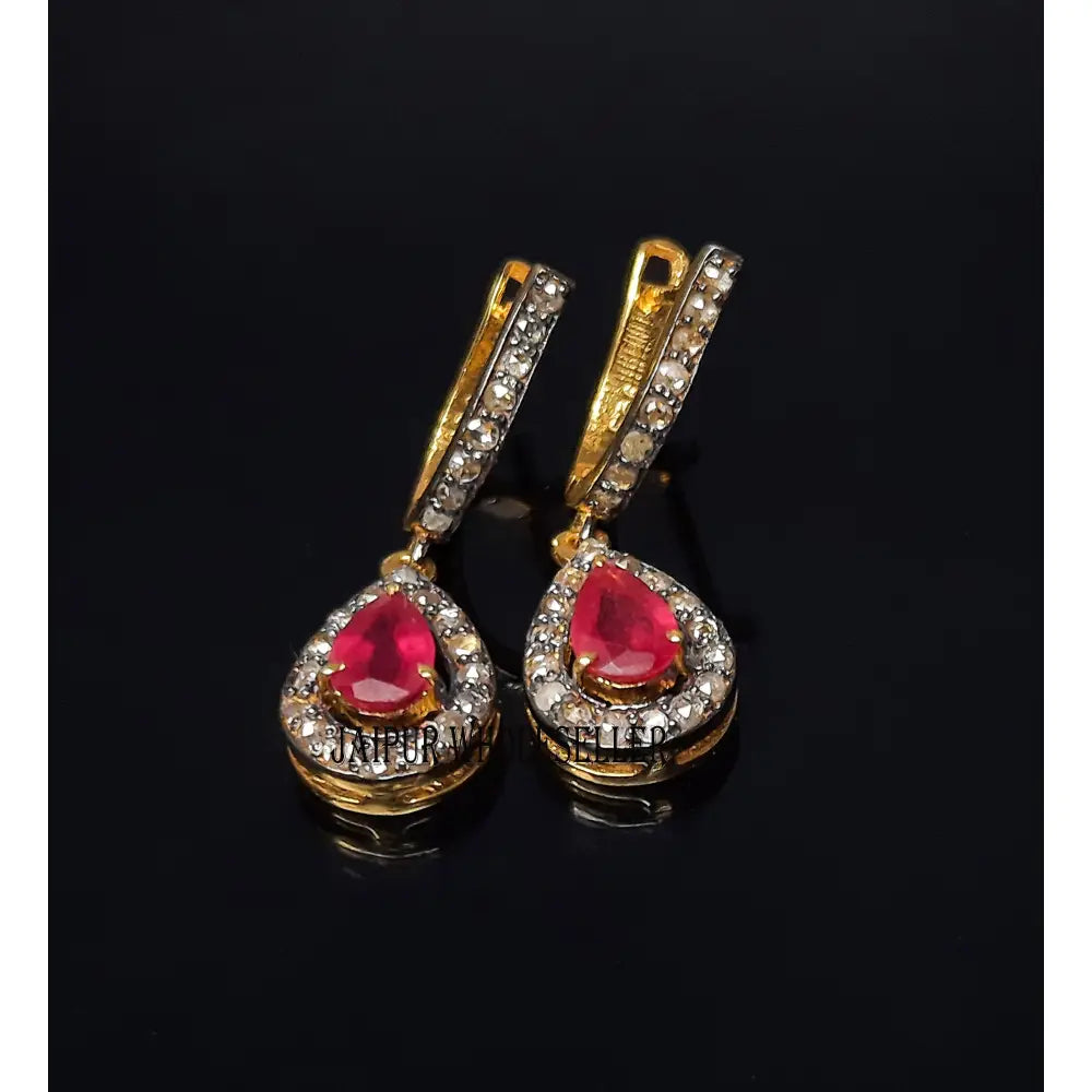 Pear Ruby Diamond Pave Sterling Silver Stud Earrings
