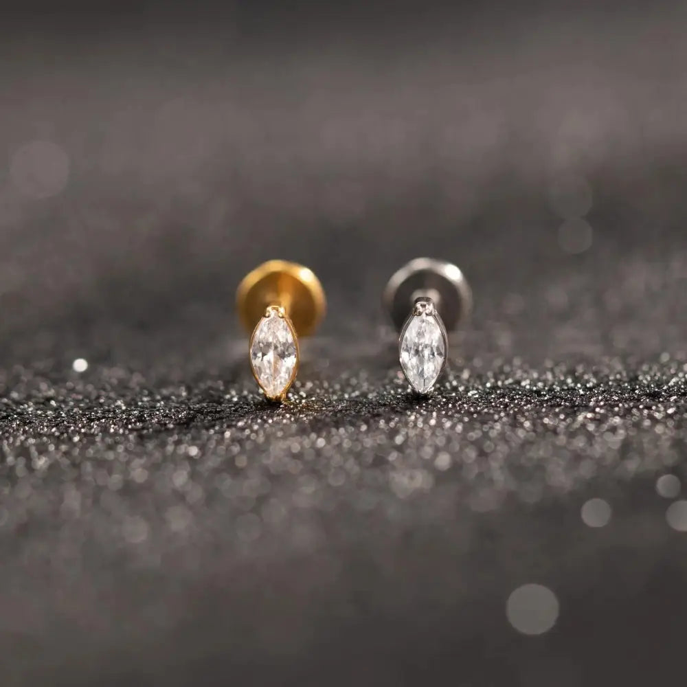 Premium Implant Grade Titanium Marquise Threadless Push Pin Labret Earrings - Flat Back Design for Comfort and Style.