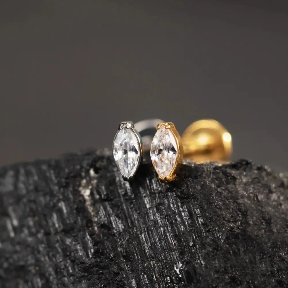 Premium Implant Grade Titanium Marquise Threadless Push Pin Labret Earrings - Flat Back Design for Comfort and Style.
