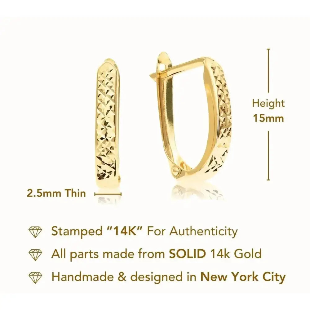 Radiant 14K Solid Gold Diamond-Cut Oval Huggie Hoop Earrings - Handcrafted Elegance