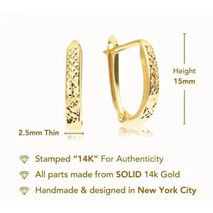 Radiant 14K Solid Gold Diamond-Cut Oval Huggie Hoop Earrings - Handcrafted Elegance