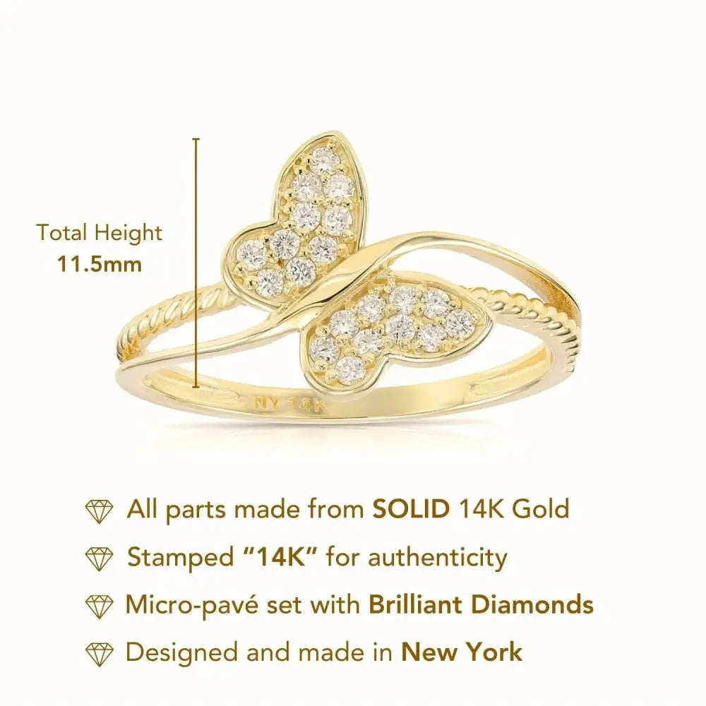 Radiant 14K Yellow Gold Diamond Butterfly Ring - 0.18Ctw Dainty Sparkle for Birthdays & Everyday Elegance.