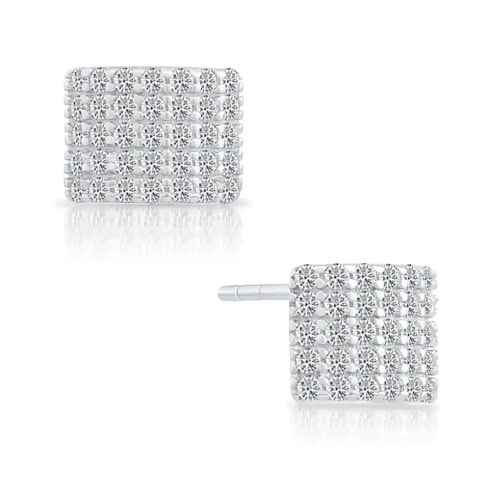 Radiant CZ Curved Square Sterling Silver Stud Earrings.