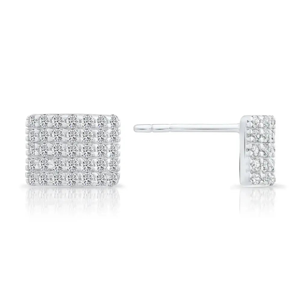 Radiant CZ Curved Square Sterling Silver Stud Earrings.
