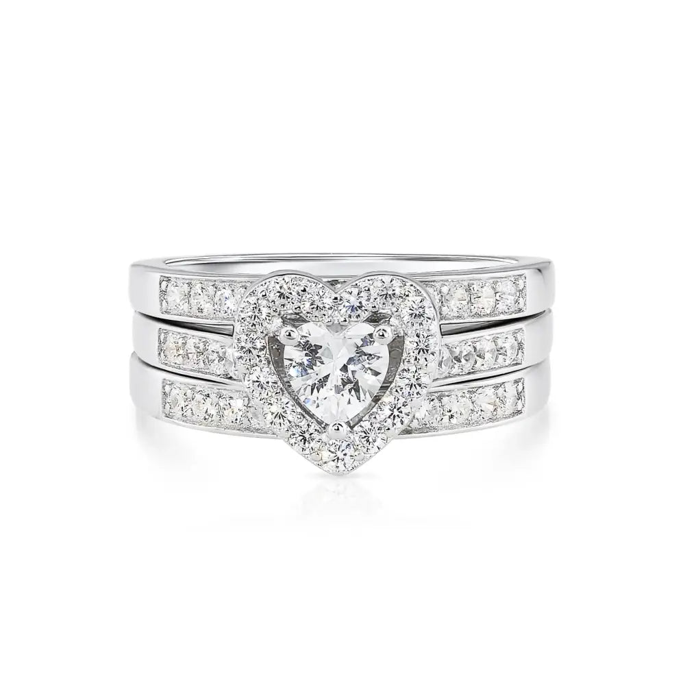 Radiant CZ Heart Three-Tier Engagement Ring Set in Sterling Silver - Perfect Bridal Ring Set for Proposals, Weddings, and Anniversaries.