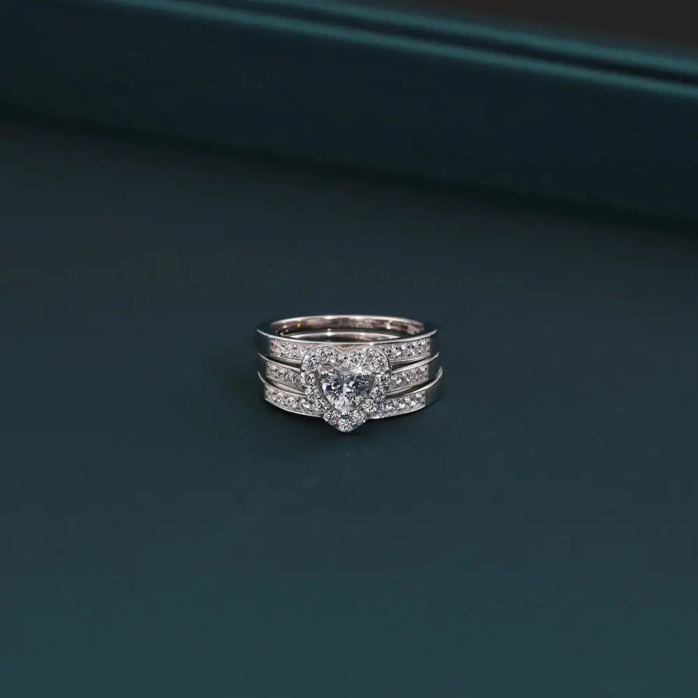 Radiant CZ Heart Three-Tier Engagement Ring Set in Sterling Silver - Perfect Bridal Ring Set for Proposals, Weddings, and Anniversaries.