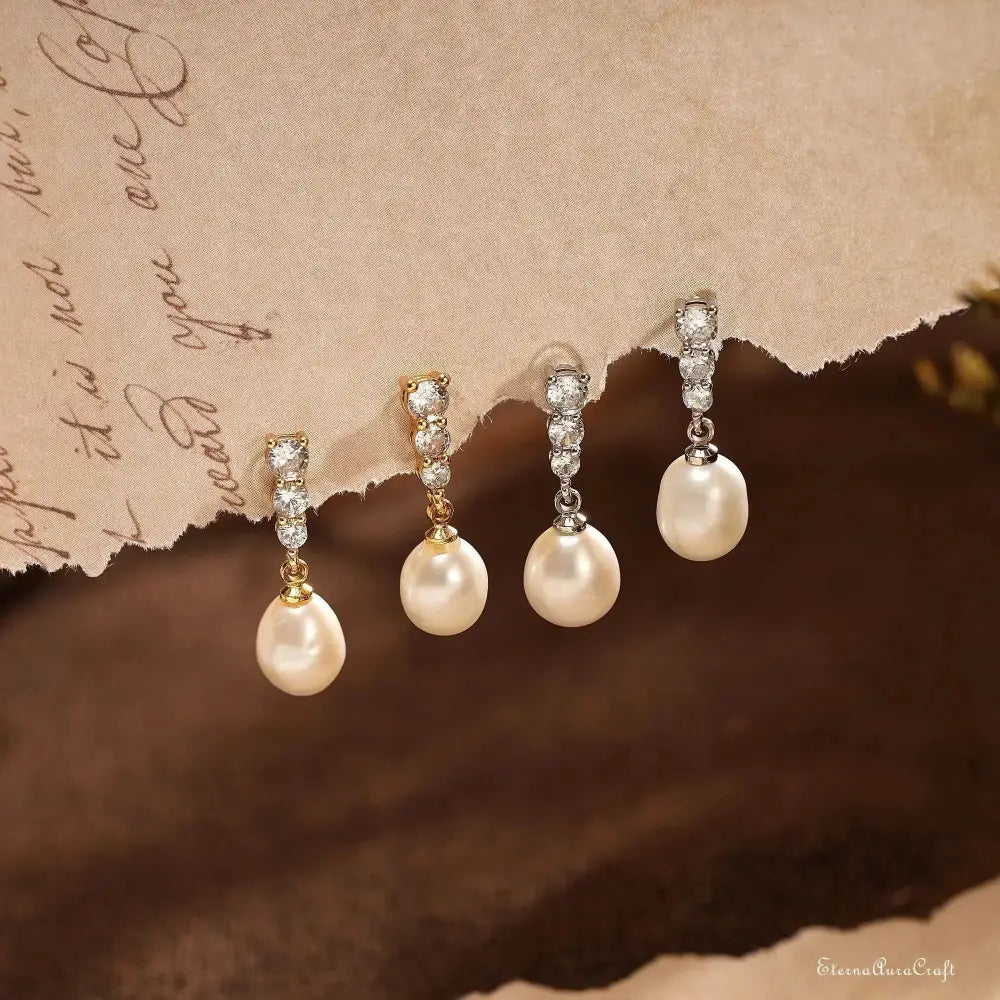Real Freshwater Pearl Drop Earrings with Diamond, CZ Pearl Stud Earrings, Wedding Earrings, Pearl Bridal Earrings, Bridesmaid Gifts for Her