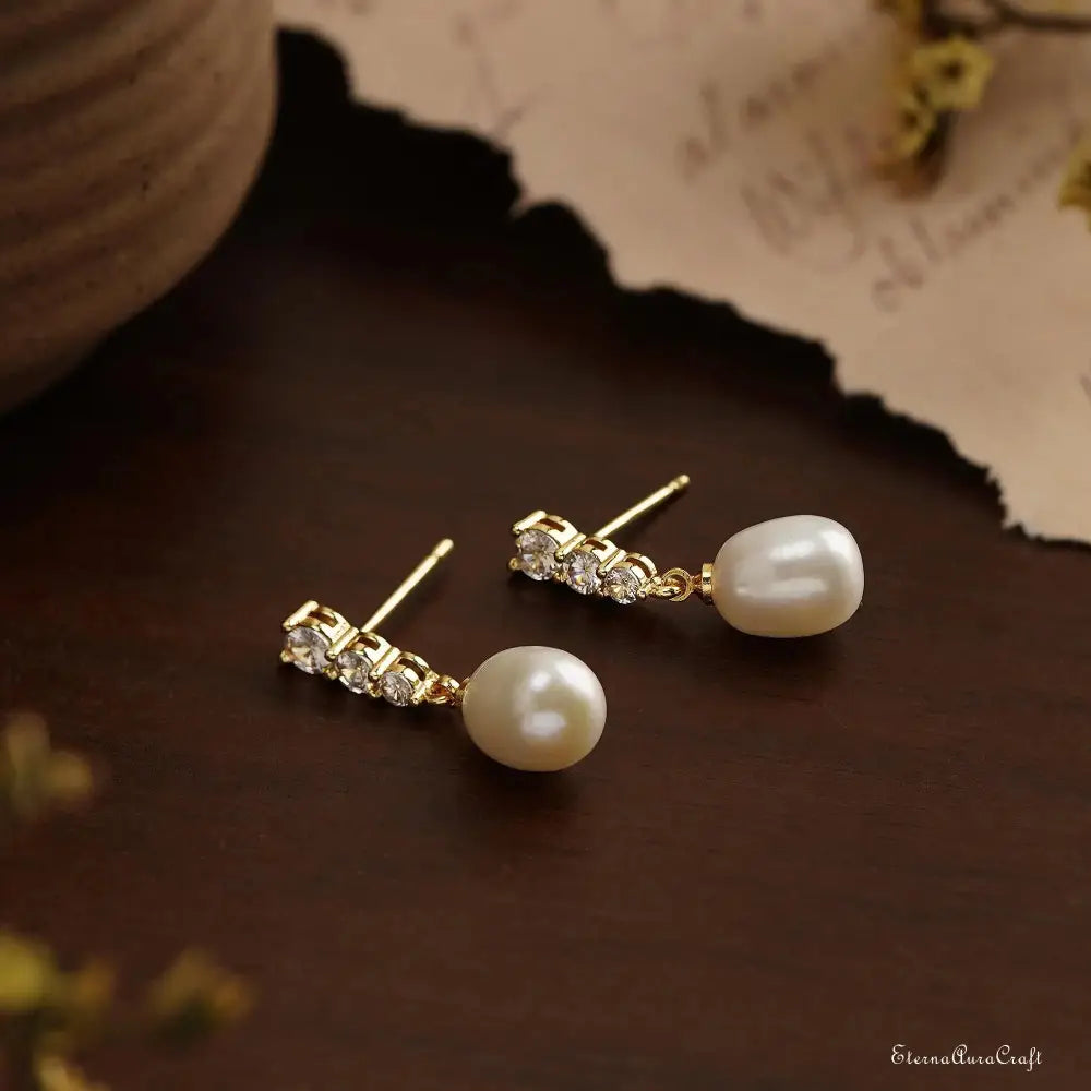 Real Freshwater Pearl Drop Earrings with Diamond, CZ Pearl Stud Earrings, Wedding Earrings, Pearl Bridal Earrings, Bridesmaid Gifts for Her
