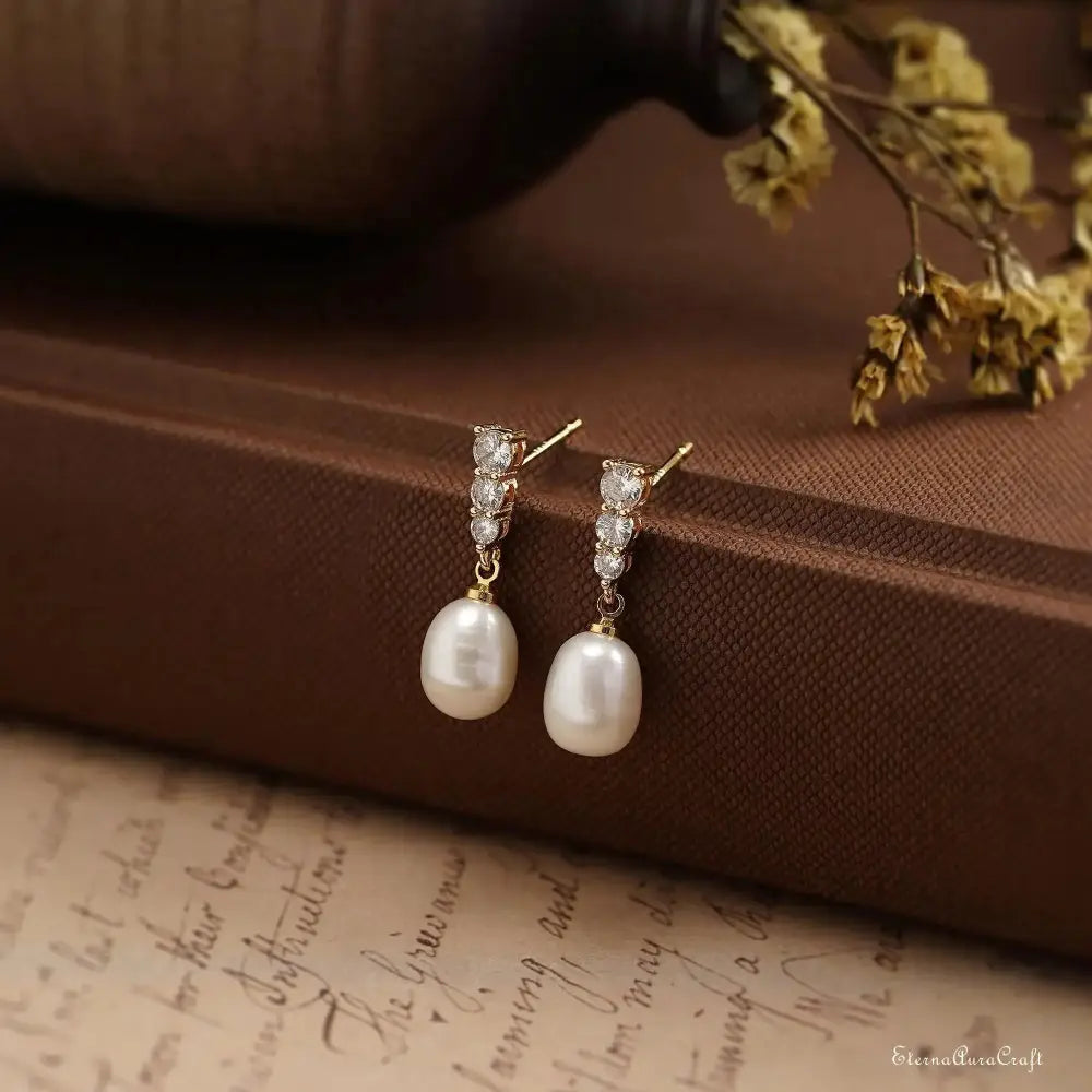 Real Freshwater Pearl Drop Earrings with Diamond, CZ Pearl Stud Earrings, Wedding Earrings, Pearl Bridal Earrings, Bridesmaid Gifts for Her