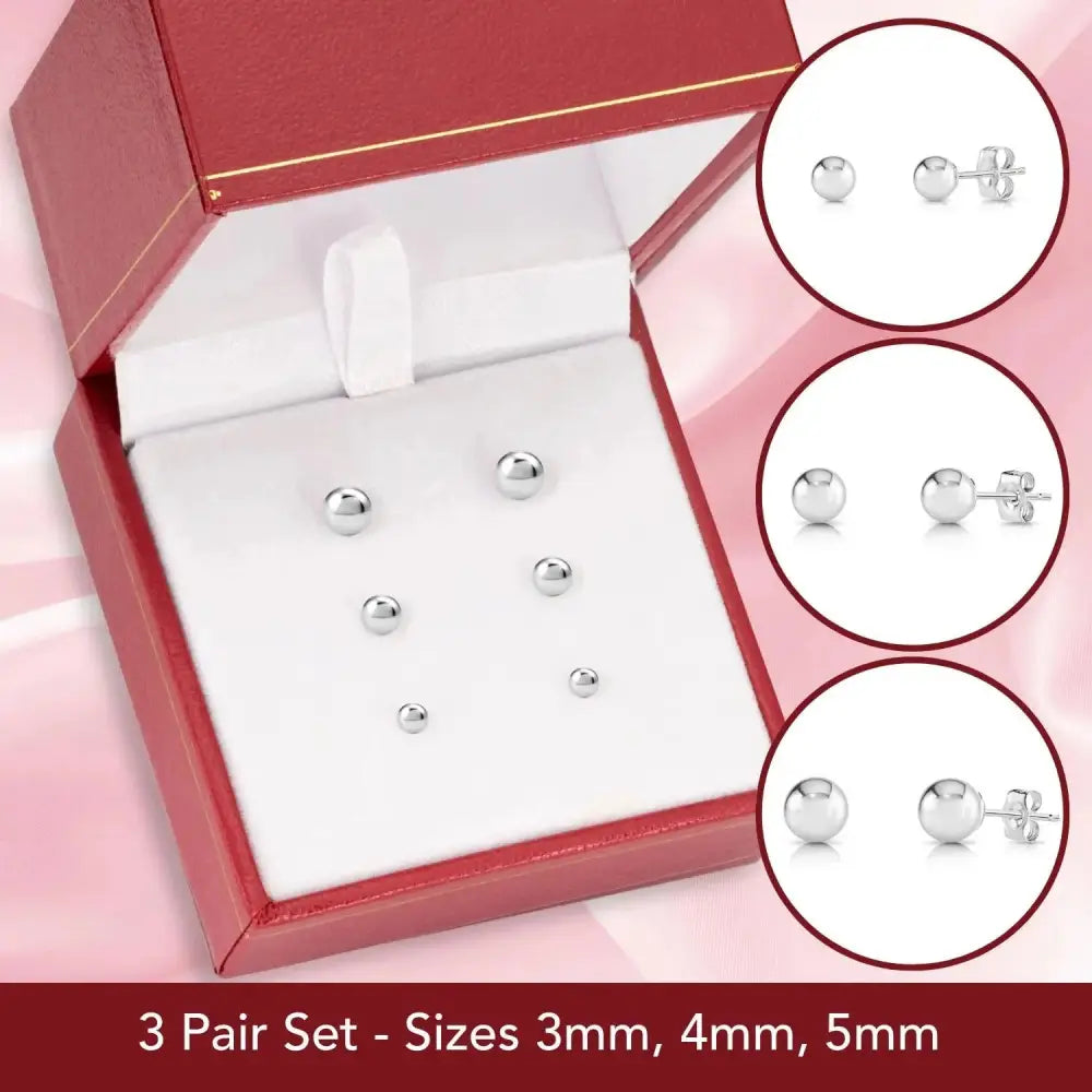 Set of 3! 14K White Gold Ball Stud Earrings with Butterfly Pushbacks, Solid 14K White Gold Gift Set, 3Mm 4Mm and 5Mm, by TILO Jewelry