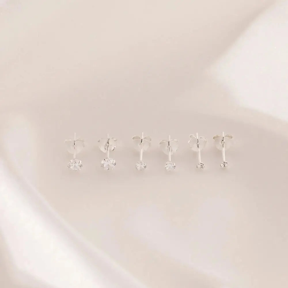 Set of 3 Pairs Cubic Zirconia Stud Earrings for Women in 925 Sterling Silver | 2Mm 3Mm 4Mm CZ Earrings | Minimalist | Bridesmaid Gift
