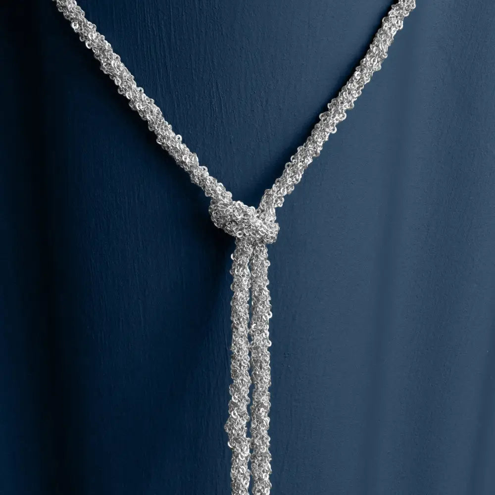 SILVER WOVEN THREAD LARIAT KNOT NECKLACE