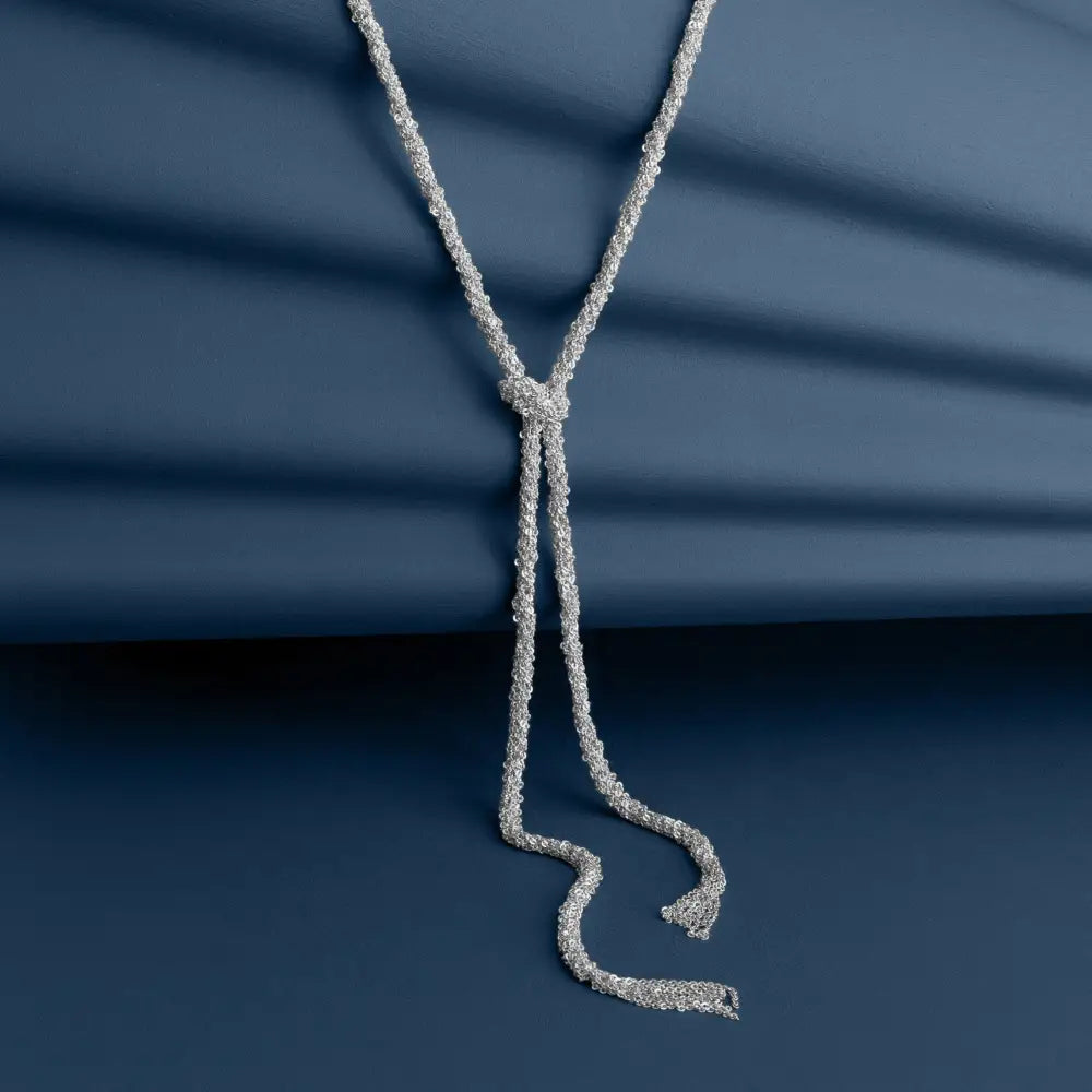 SILVER WOVEN THREAD LARIAT KNOT NECKLACE