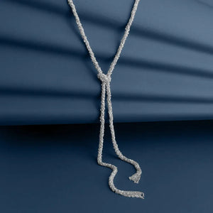 SILVER WOVEN THREAD LARIAT KNOT NECKLACE