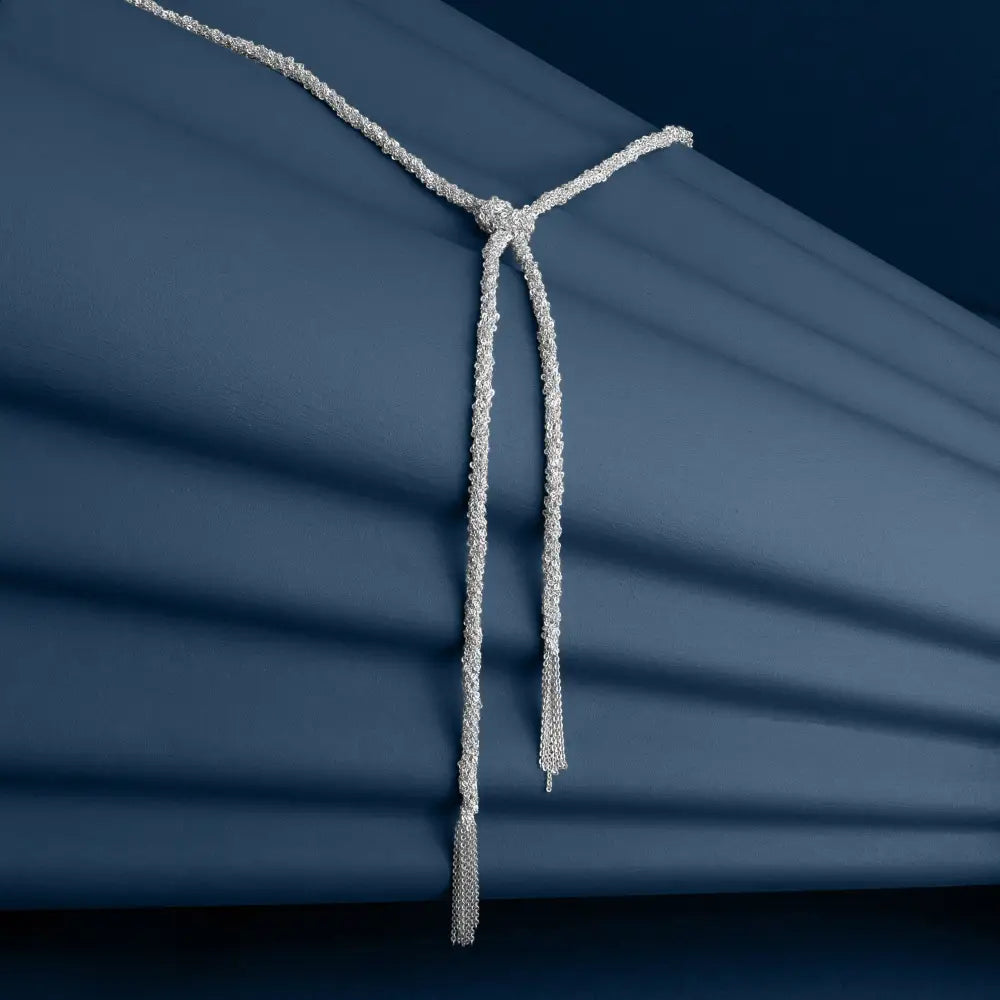 SILVER WOVEN THREAD LARIAT KNOT NECKLACE