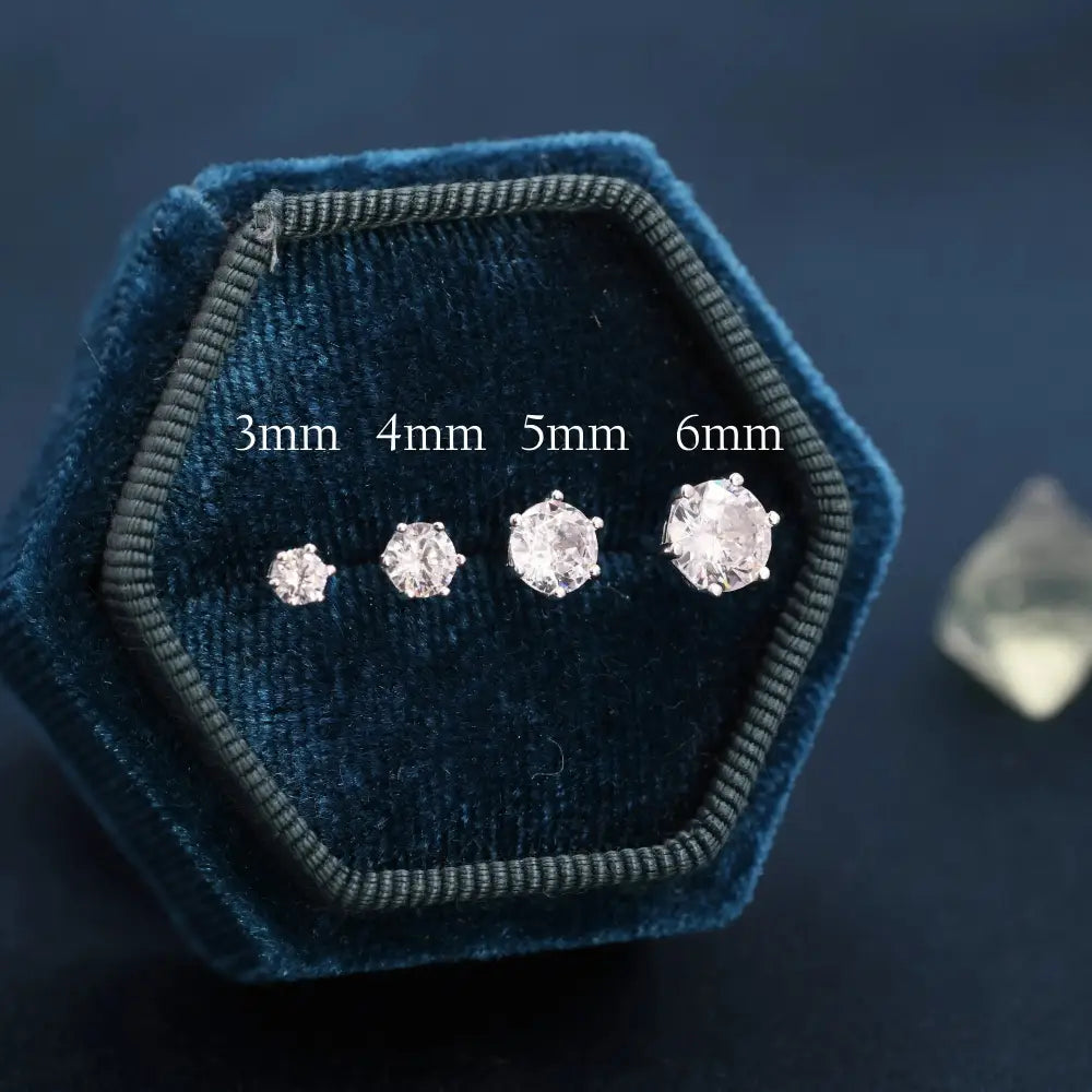Simple CZ Crystal Stud Earrings in Sterling Silver, 3Mm, 4Mm, 5Mm and 6Mm, Six Prong, 6 Prong, Various Sizes, Minimalist CZ Stud
