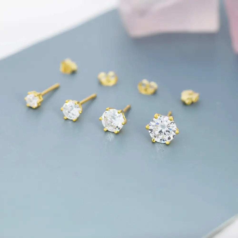 Simple CZ Crystal Stud Earrings in Sterling Silver, 3Mm, 4Mm, 5Mm and 6Mm, Six Prong, 6 Prong, Various Sizes, Minimalist CZ Stud