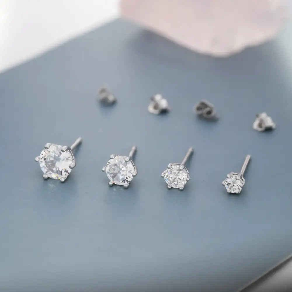 Simple CZ Crystal Stud Earrings in Sterling Silver, 3Mm, 4Mm, 5Mm and 6Mm, Six Prong, 6 Prong, Various Sizes, Minimalist CZ Stud