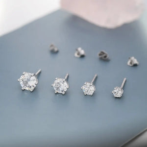 Simple CZ Crystal Stud Earrings in Sterling Silver, 3Mm, 4Mm, 5Mm and 6Mm, Six Prong, 6 Prong, Various Sizes, Minimalist CZ Stud