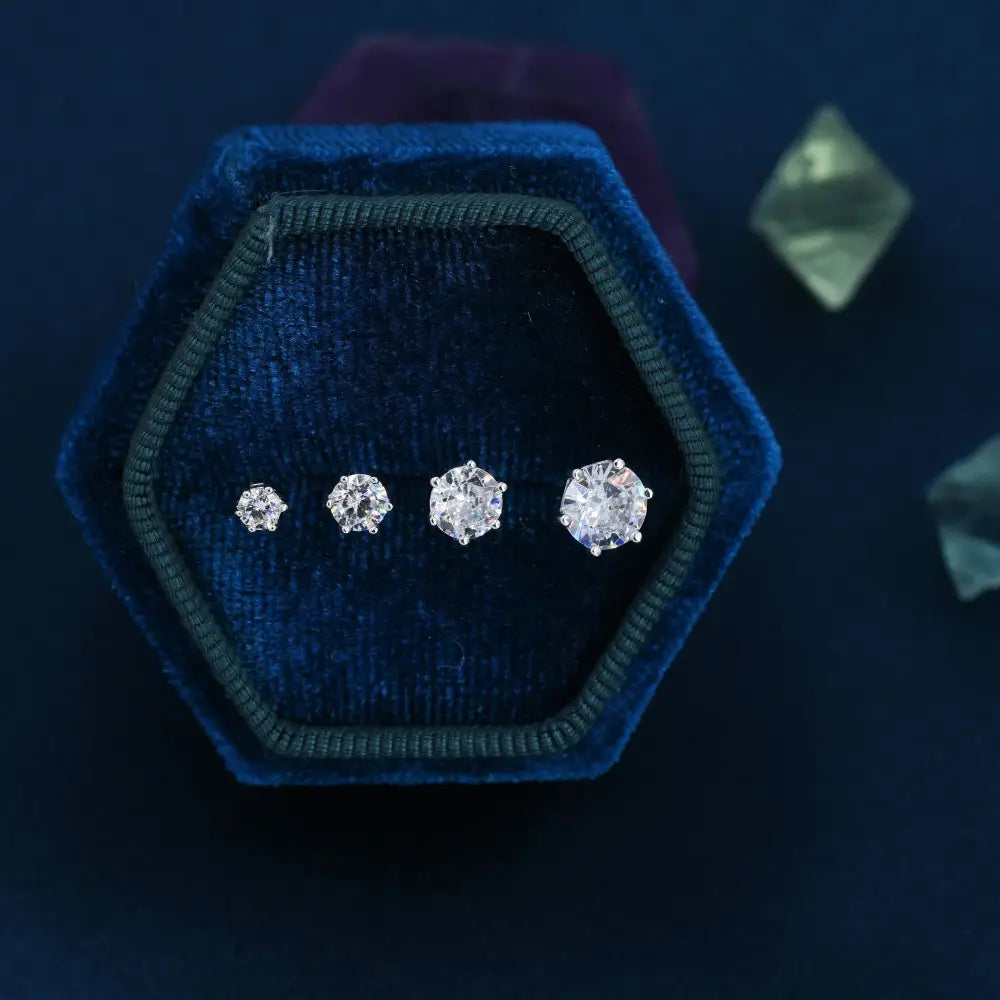 Simple CZ Crystal Stud Earrings in Sterling Silver, 3Mm, 4Mm, 5Mm and 6Mm, Six Prong, 6 Prong, Various Sizes, Minimalist CZ Stud