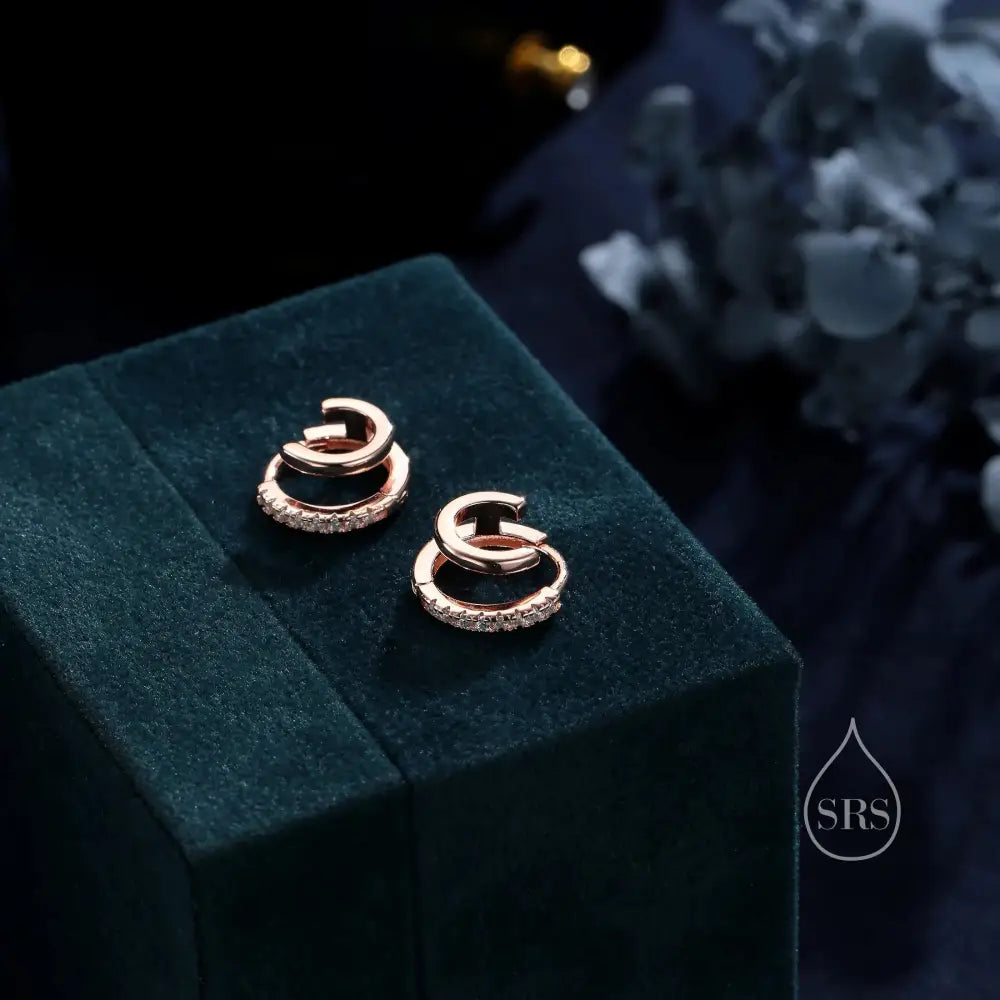 Single Piercing Double Hoop Effect Earrings in Sterling Silver, CZ Pave Hoop Earrings, Silver, Gold, Rose Gold, Dainty and Delicate