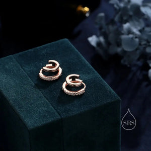 Single Piercing Double Hoop Effect Earrings in Sterling Silver, CZ Pave Hoop Earrings, Silver, Gold, Rose Gold, Dainty and Delicate