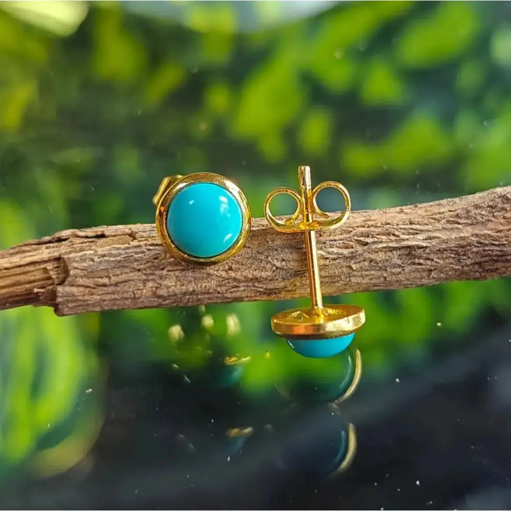 Sleeping Beauty Turquoise Studs Pair, Gold Plated Push Back Studes Earrings, 8Mm round Gemstone, Party Wear Earrings, Statement Jewelry.