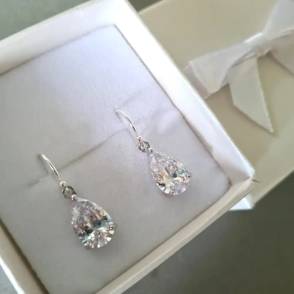 Small CZ Diamond Teardrop Earrings Sterling Silver Teardrop Wedding Earrings Dainty Crystal Drop Bridal Earrings Sparkly Prom Jewellery Gift