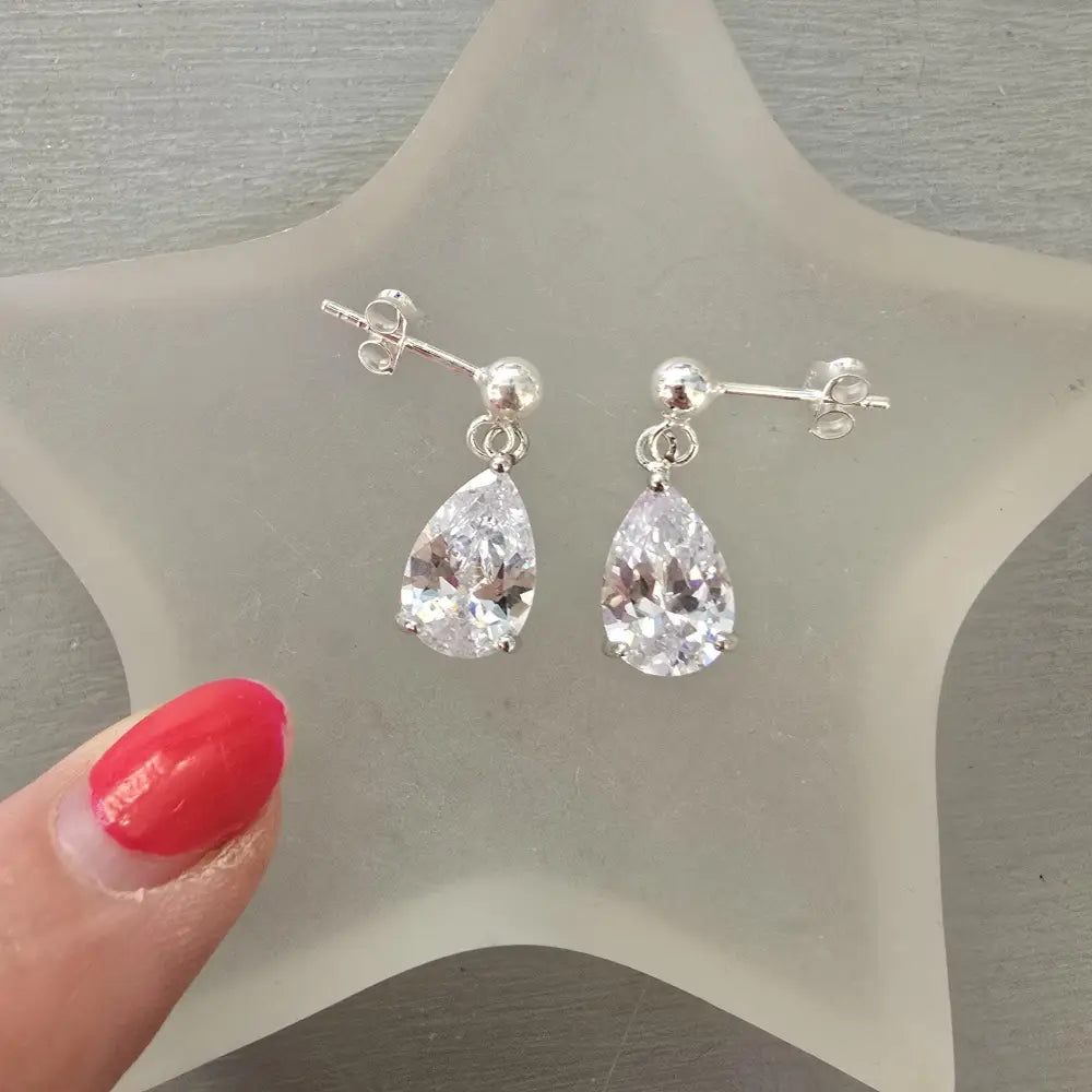Small CZ Diamond Teardrop Earrings Sterling Silver Teardrop Wedding Earrings Dainty Crystal Drop Bridal Earrings Sparkly Prom Jewellery Gift