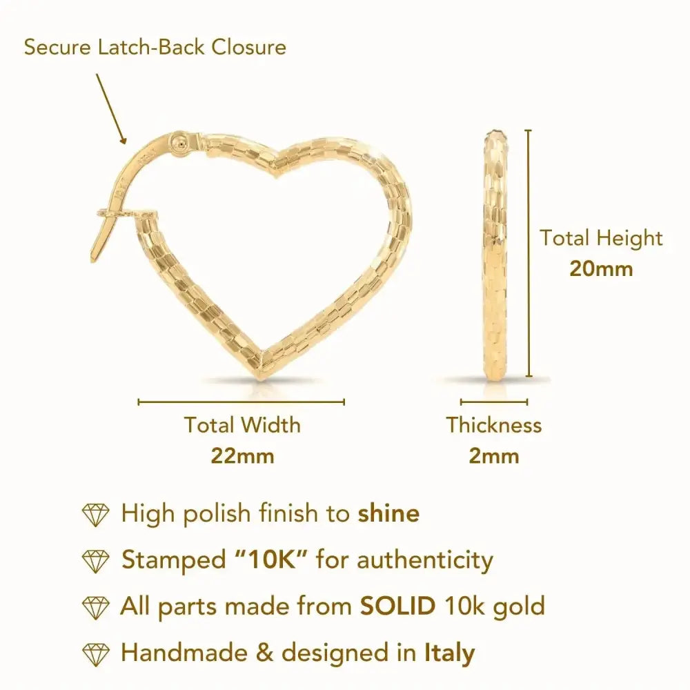 Solid 10K Yellow Gold Heart Shape Hoop Earrings, with Secure Lever Backs, Diamond-Cut Pattern, Italian Style Design, Made in Italy